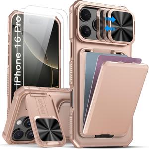 SSLOTSCASE for iPhone 16 Pro Wallet Case with 2X Screen Protector, Kickstand & Camera Cover & Card Holder, Drop Protection Heavy Duty Shockproof Hard Phone Cover for iPhone 16 Pro, Rose Gold