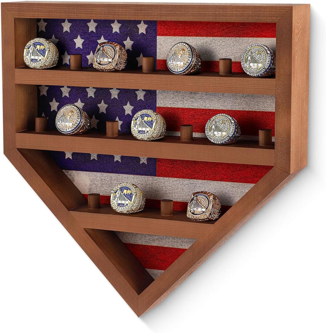 Championship Ring Display Case 18 Slots Championship Ring Storage Stand Wooden Sports Ring Holder Wall Mount Trophy Ring Organizer for Gift Baseball Basketball, 12 x 12 x 2 inch (Walnut)