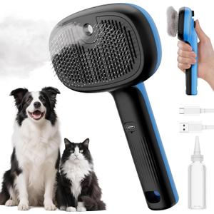 Pecute Cat Steam Brush, Self-Cleaning Steam Cat Brush with 2 Water Spray Modes, Large Capacity Tank, Steaming Renu Dog Brush for Shedding Massaging Grooming, Cool Mist Only (Blue)