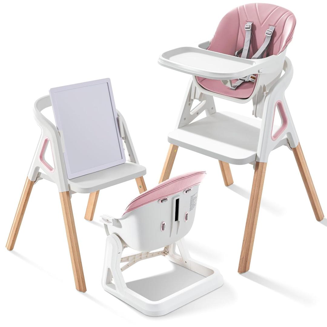 Baby High Chair, Babies and Toddlers Convertible Slim High Chair with 6 Growing Stages from Infant to Toddler Seating with Removable Tray, Easy to Clean,Pink Cushion