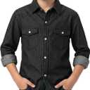 Spring&Gege Western Boys Denim Button Down Shirt Long Sleeve Pearl Snap with Two Flap Pockets (5-14 Years) (Black, M)