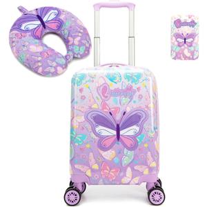 Kid's Luggage Set 2 Piece Suitcase Set 16" Hardside Luggage with Spinner Wheels Girls Carry on Toddler Travel Rolling Suitcase with Neck Pillow Airline Approved