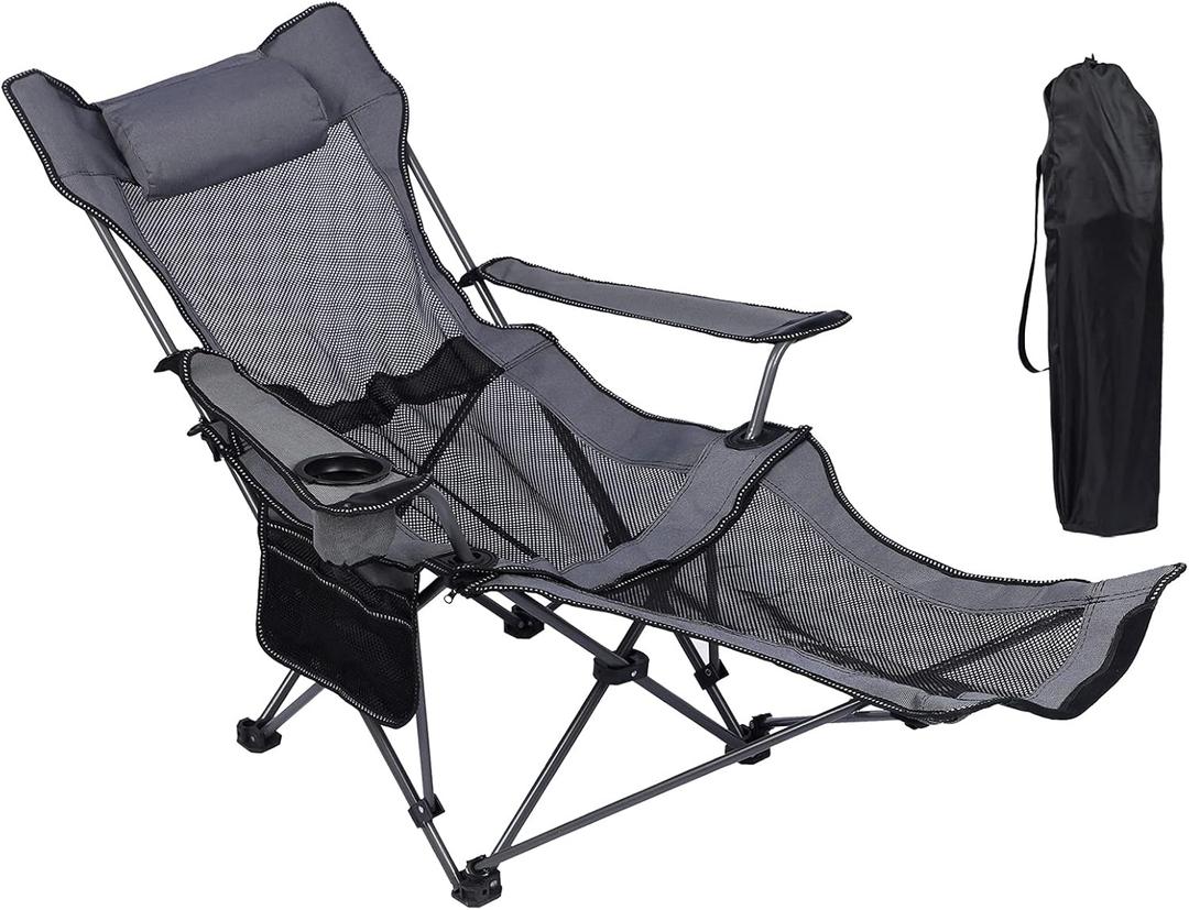 NURTUDIS Camping Lounge Chair,Folding Reclining Camping Chair, Portable Camping Chair with Footrest,Storage Bag & Headrest, Mesh Recliner, 330lbs Weight Capacity (Grey)