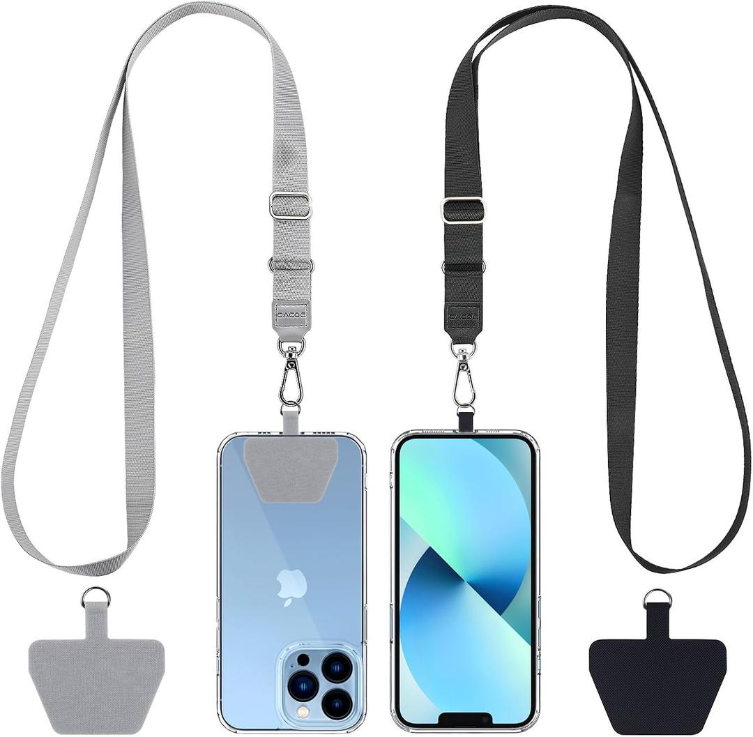 CACOE Phone Lanyard 2 Pack-2 Adjustable Neck Strap,2 Phone Patches,Universal Cell Phone Multifuctional Patch Lanyards Compatible with Most Smartphones(Black+Gray)