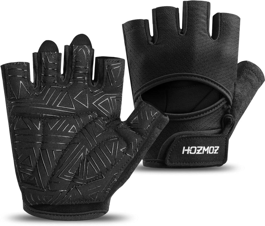 Ventilated Weight Lifting Gloves, Thick Padded Workout Gym Gloves with Full Palm Protection & Grip & Shock Absorption for Women & Men's Fitness Exercise Training (Black)