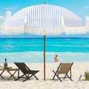 Aoxun 7ft Patio Umbrella with Fringe Outdoor UV 50+ Protection Picnic Umbrella with Aluminum Pole, Ribs Push Button Tilt and Carry Bag (Blue Stripes)