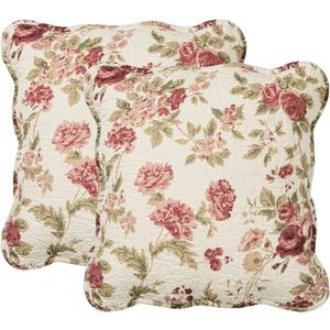 vctops Set of 2 Cotton Quilted Floral Print Decorative Square Throw Pillow Covers with Scalloped Spring Soft Cushion Case for Couch Sofa Bed (Flower G,18"x18")