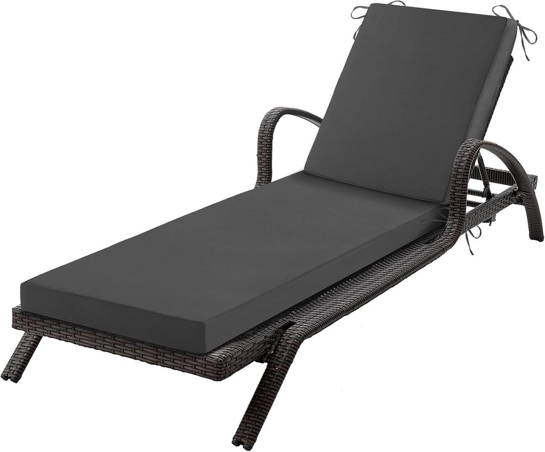 Chaise Lounge Cushions Outdoor, 72x 21x 3 Inch Waterproof & Fade-Resistant Lounge Chair Cushion, Outdoor Chaise Cushion with Removable Cover & Ties for Lawn, Patio, Pool & Beach, Dark Grey