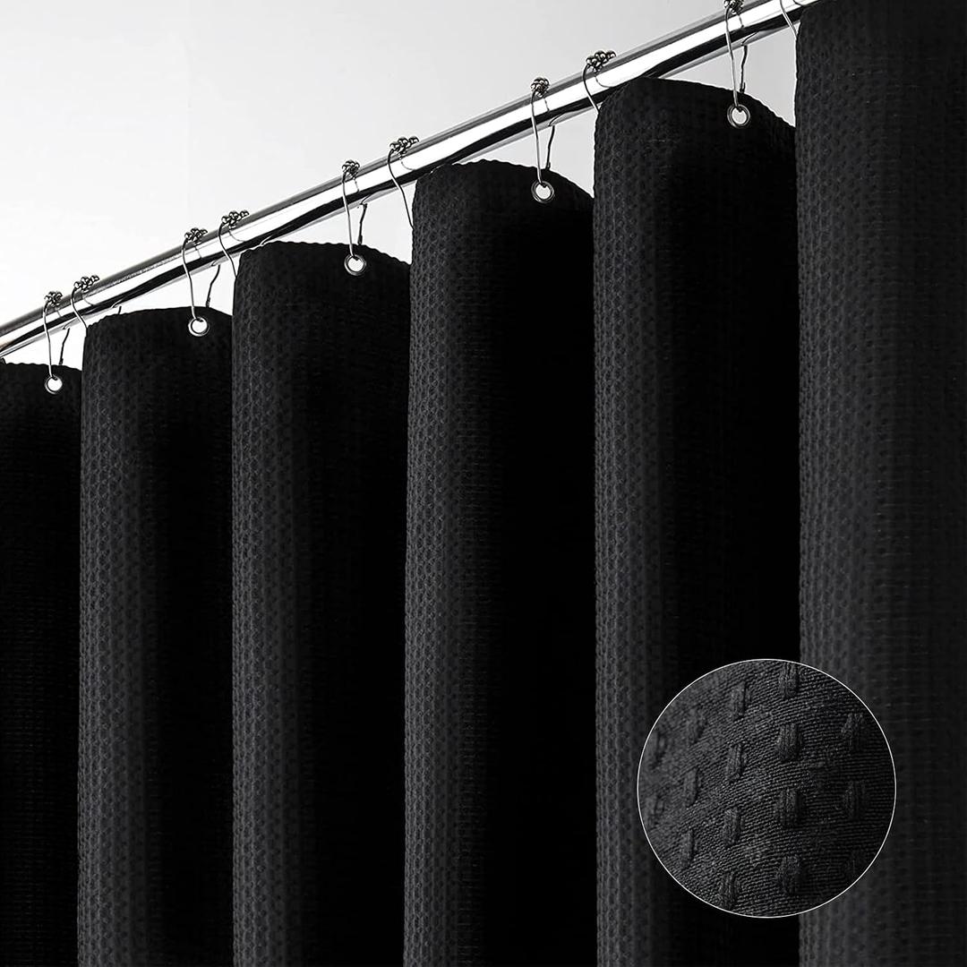 Dynamene Black Fabric Shower Curtain, Waffle Weave Heavy Duty Thick Fabric Shower Curtains for Bathroom, 256GSM Weighted Hotel Luxury Cloth Shower Curtain Set with 12 Plastic Hooks, 72Wx72H, Black