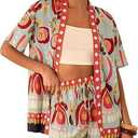 Women Boho Tropical Print Beach Cover Up Shorts Set 2 Piece Summer Lounge Outfit Lightweight Swimwear Matching Outfit (Large, 04red)