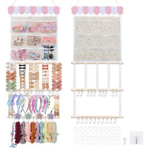 New Upgraded Bow Organizer for Girls, Headband Holder w/ 9 Mesh Pockets,Hair Bow Holder Clip Organizer, Wall Hair Accessories Organizer for Baby Girl Nursery Decor(32x15inch,Beige Pink)