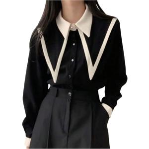 SweatyRocks Women's Long Sleeve Pointed Collar Button Down Shirts Dressy Casual Blouses (Medium, Black)