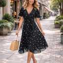 Summer Dresses for Women 2026 Floral Chiffon Dress Casual Short Sleeve Empire Waist Midi Dress Beach Vacation Outfits (Black, M)