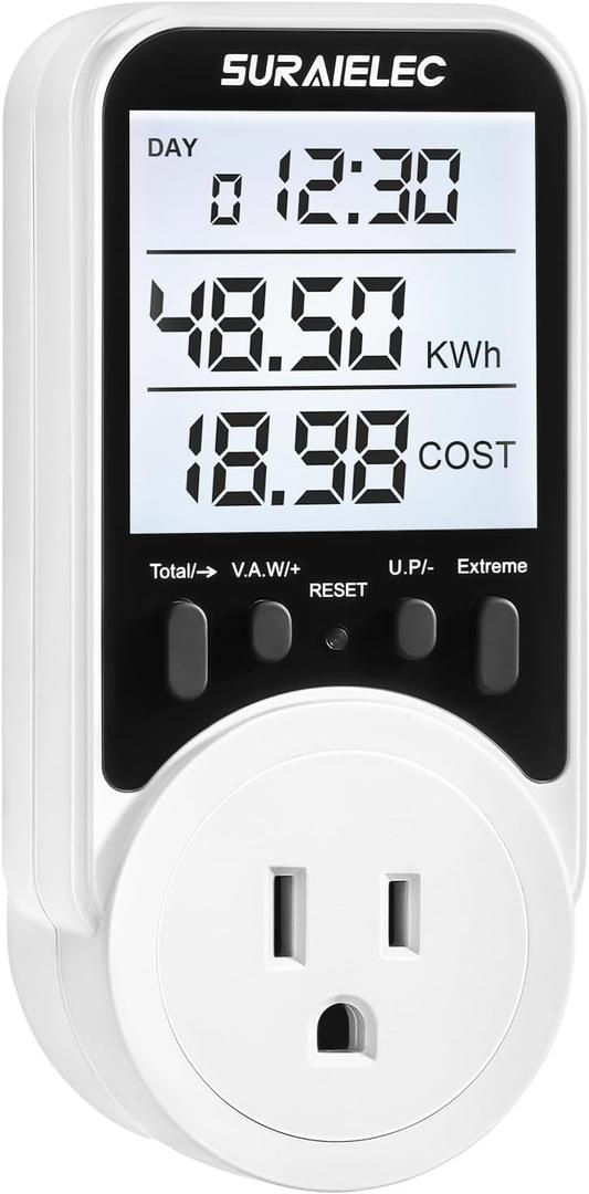 Suraielec Watt Meter, Plug-in Socket Power Meter, 90V-250V Wide Range, Backlit Large Display, Auto Cost Calculator, Overload Protection, Kilowatt Wattage Voltage AMP Tester, Electricity Usage Monitor