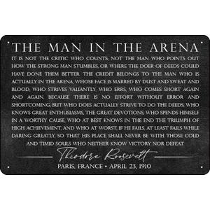 Theodore Roosevelt Man in the Arena Quote Black Background Vintage Motivational Quotes Wall Decor for Home Bedroom Bar Cafe 8x12 inch Metal Sign