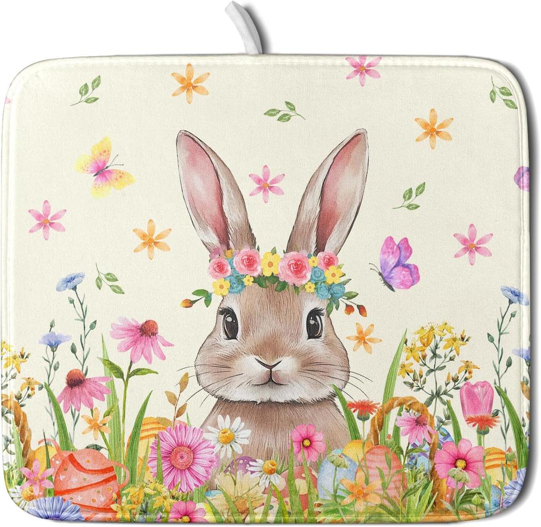 Easter Dish Drying Mat for Kitchen Counter Spring Easter Holiday Dish Drying Mat 16X18 Inch Reversible Absorbent Dish Pad Spring Wildflowers Dishes Drainer Pad Dish Drying Rack Mat for Countertop