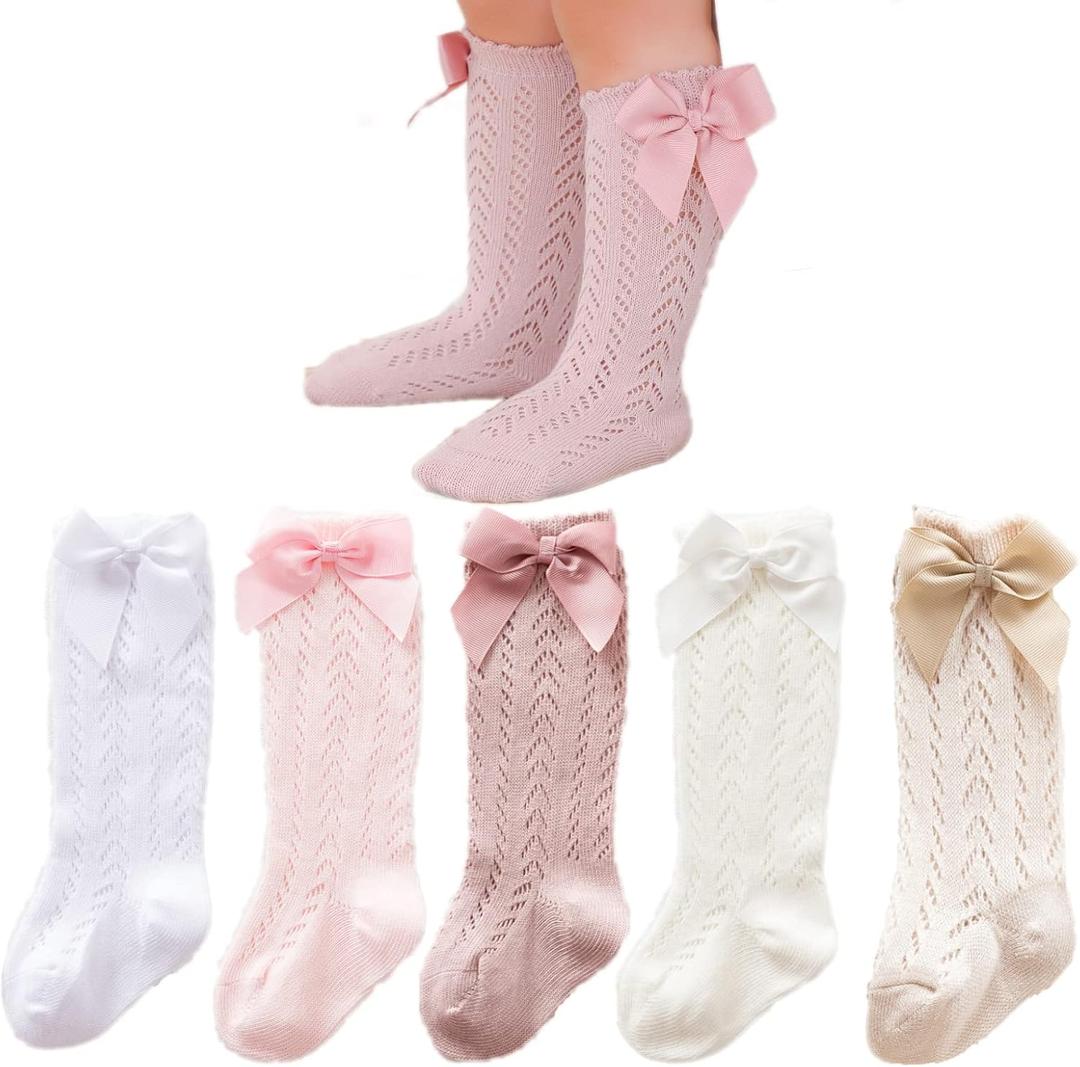 Baby Girls Knee High Socks Toddler Bow Mesh Long Stockings Infants Thin Socks For Spring Summer (0-12 Months, 5-pack Mesh)