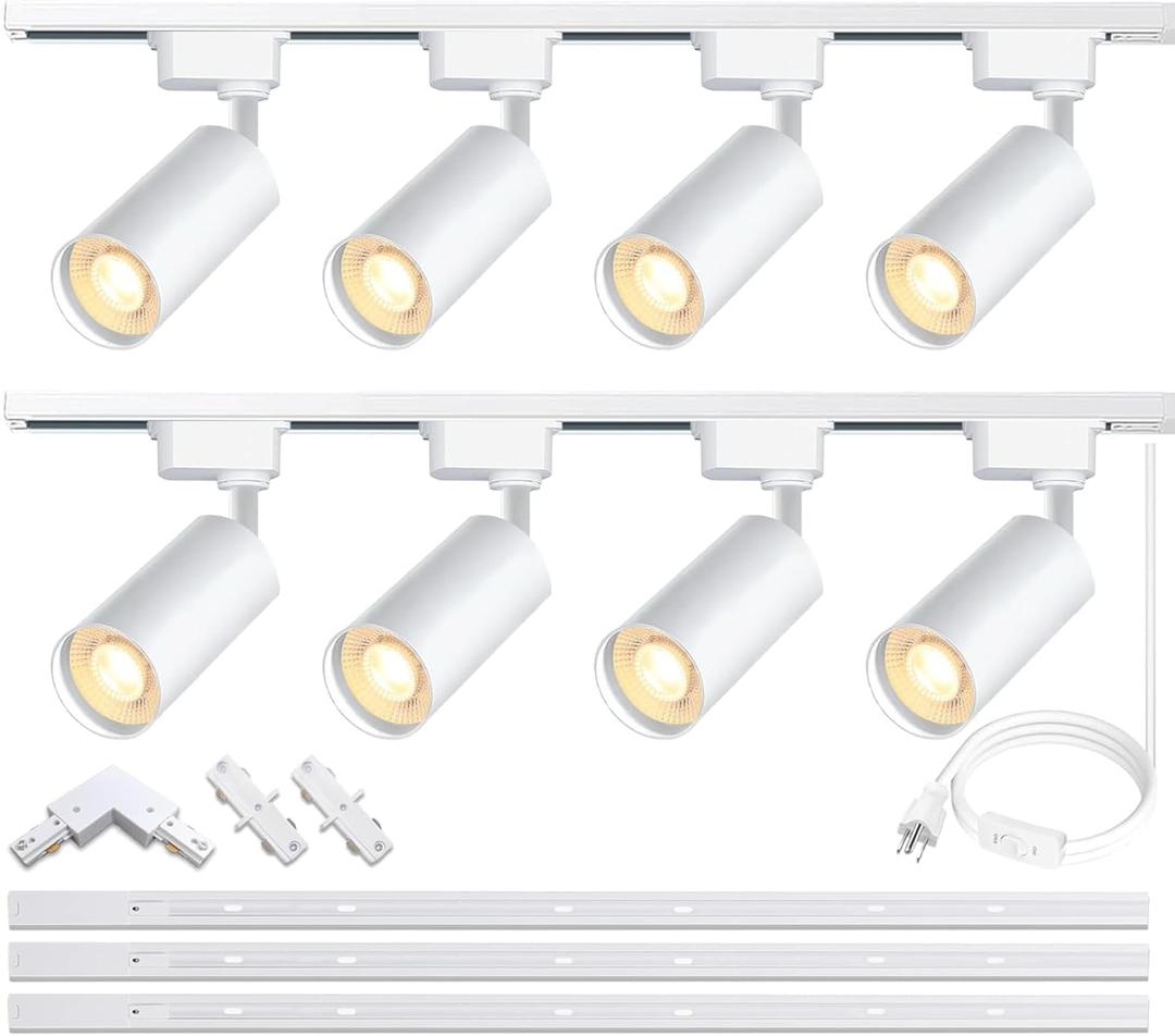 Fiabtool 8-Light White H-Type Track Lighting Kit 4000K Neutral White Dimmable LED Spotlight 20W 2400lm High Brightness 9.8ft Track Rail Adjustable Angle Complete Lighting System