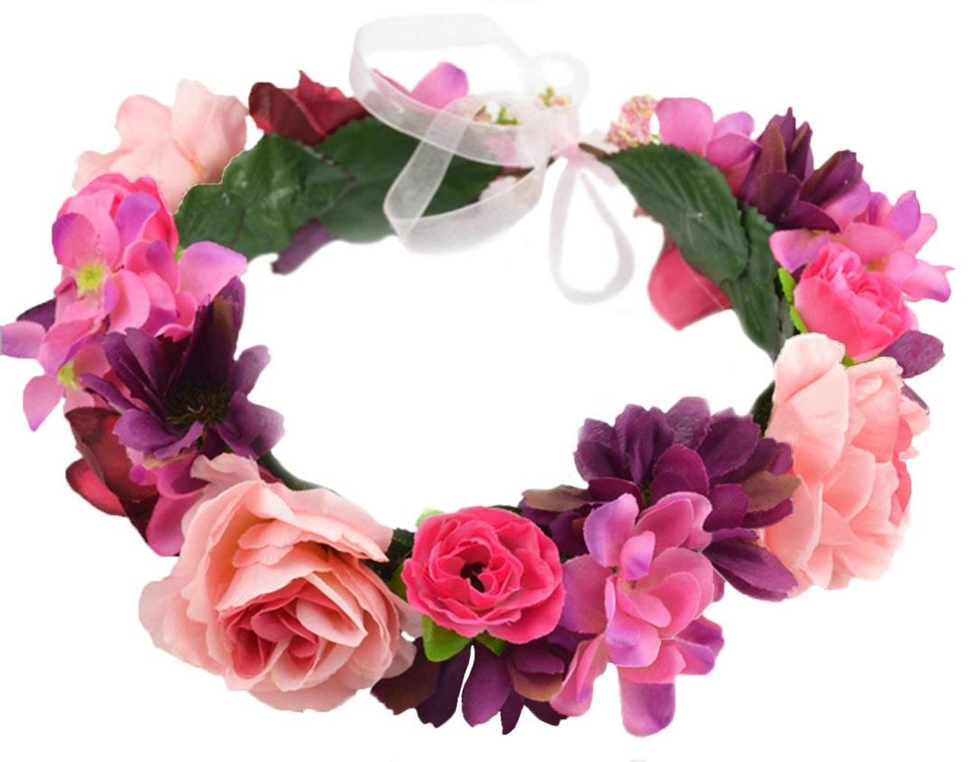 Vivivalue Boho Flower Crown Girl Flower Headband Hair Wreath Floral Headpiece Halo with Ribbon Wedding Party Festival Photos 