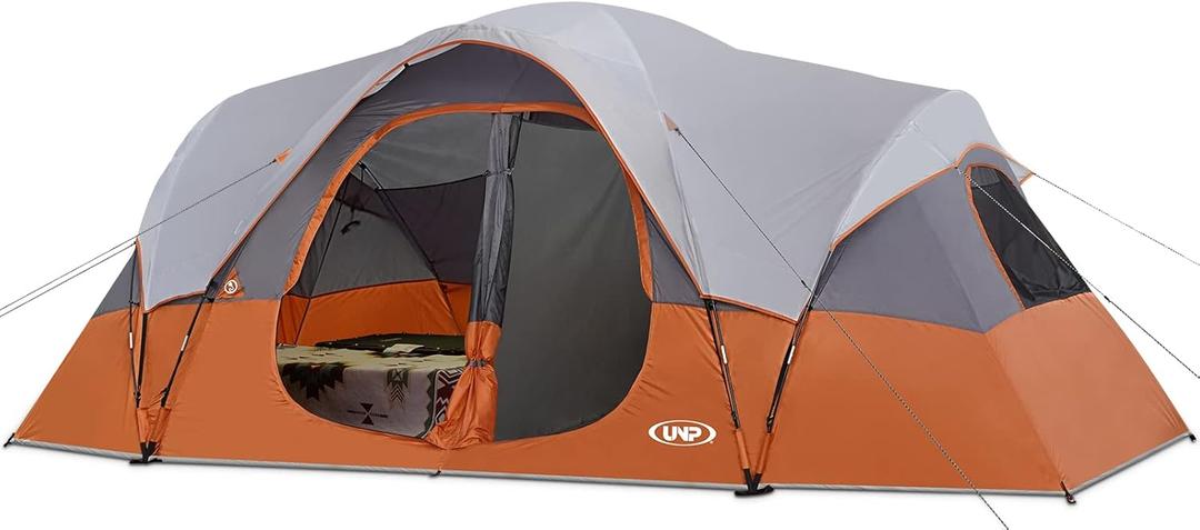 UNP Camping Tent 10-Person-Family Tents, Parties, Music Festival Tent, Big, Easy Up, 5 Large Mesh Windows, Double Layer, 2 Room, Waterproof, Weather Resistant, 18ft x 9ft x78in (Orange)
