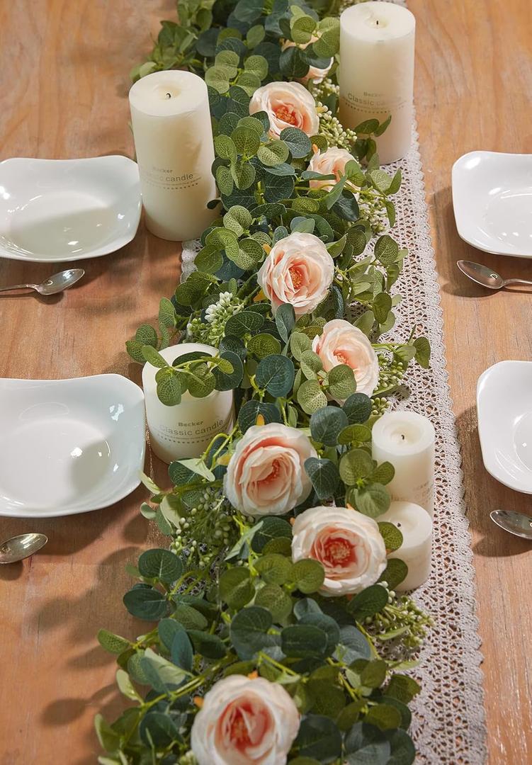 PARTY JOY 2pcs 6.56ft Eucalyptus Garland with Flowers-8 Pink Roses-Lush,Natural Looking, Floral Garland Greenery Garland for Party Wedding Table Indoor Outdoor Backdrop Wall DecorPink