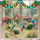 Parrot Christmas Ornament Wooden Bird Hanging Decoration Pendant with Hemp Rope,19.7Ft Tropical Garlands & 9 Hanging Wooden Parrot Birds for Christmas Tree Decoration Home Party Wall Decor (7PCS)