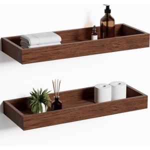 Floating Shelves for Wall, Wooden Wall Shelves for Bedroom Living Room Kitchen, Modern and Rustic Bathroom Shelves with Raised Lip, Decor Floating Shelf for Storage (Walnut-Like,2 Set,15.7 in)