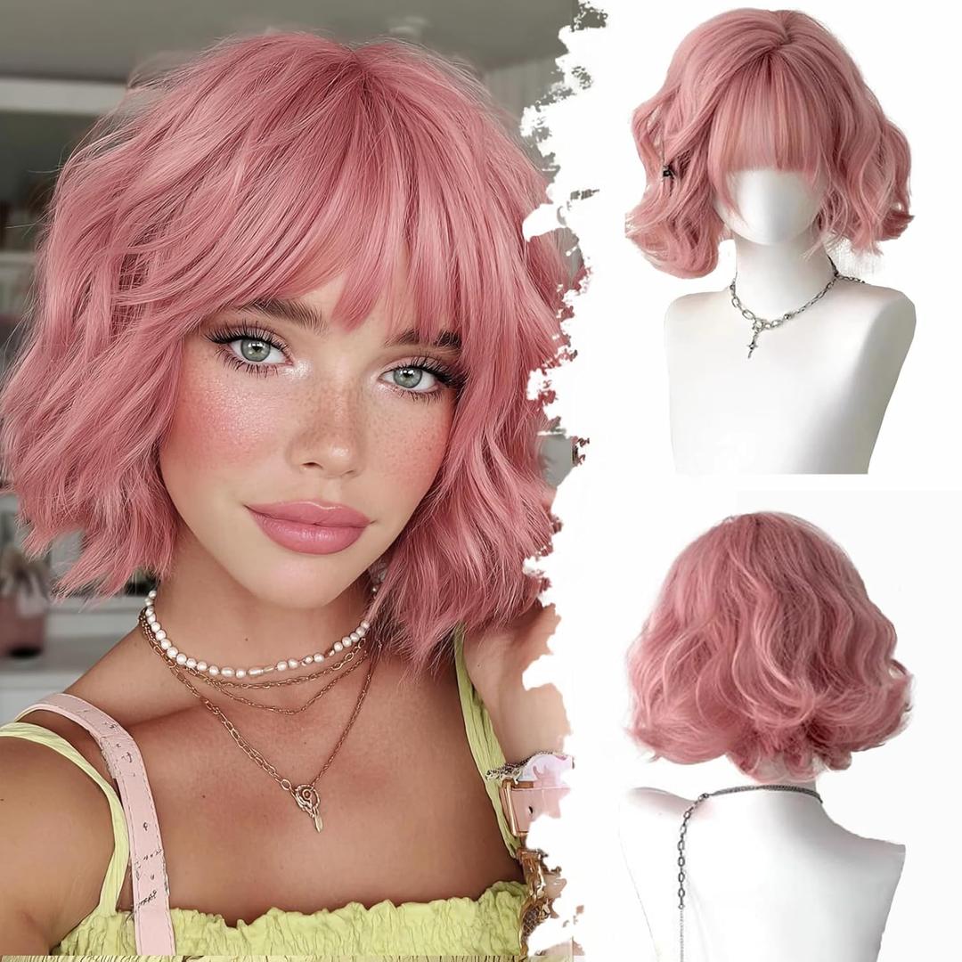 Pink Wigs for Women Short Bob Wig with Bangs 12 Inches Light Pink Wig Pastel Short Wavy Wig Curly Synthetic Wigs Cosplay Hair Replacement Wigs for Girl Daily Party Colorful Wigs Costume Use