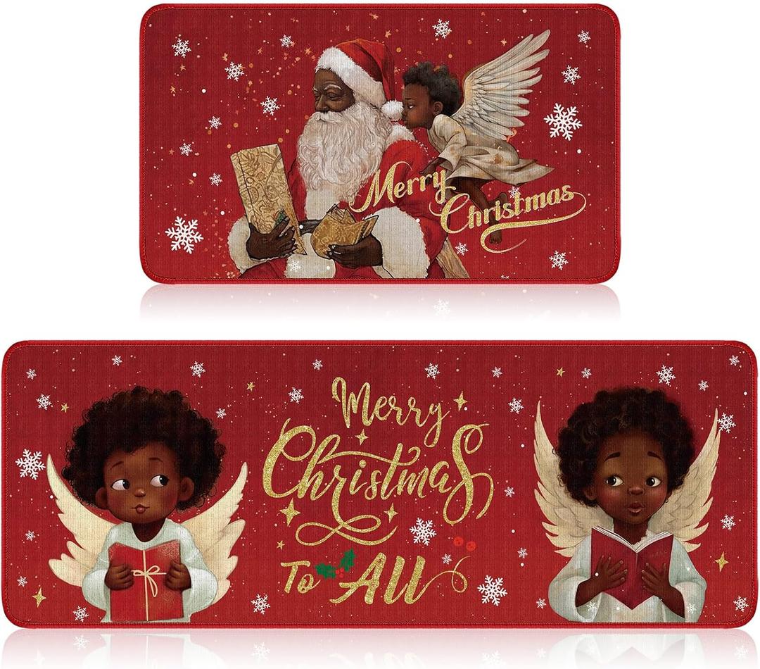 Ceenna 2 Pcs Winter Kitchen Rugs and Mats Set Snowflakes Let It Snow Reindeer Holiday Sink Floor Mat Kitchen Bathroom Xmas Tree Floor Decor for Home, 17 x 30, 17 x 47 Inch