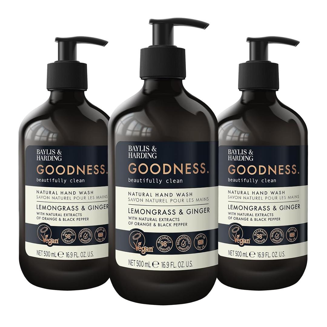 Baylis & Harding Liquid Hand Soap Wash with Dispenser, Goodness, Lemongrass & Ginger, 16.9oz/500ml (3-Pack)