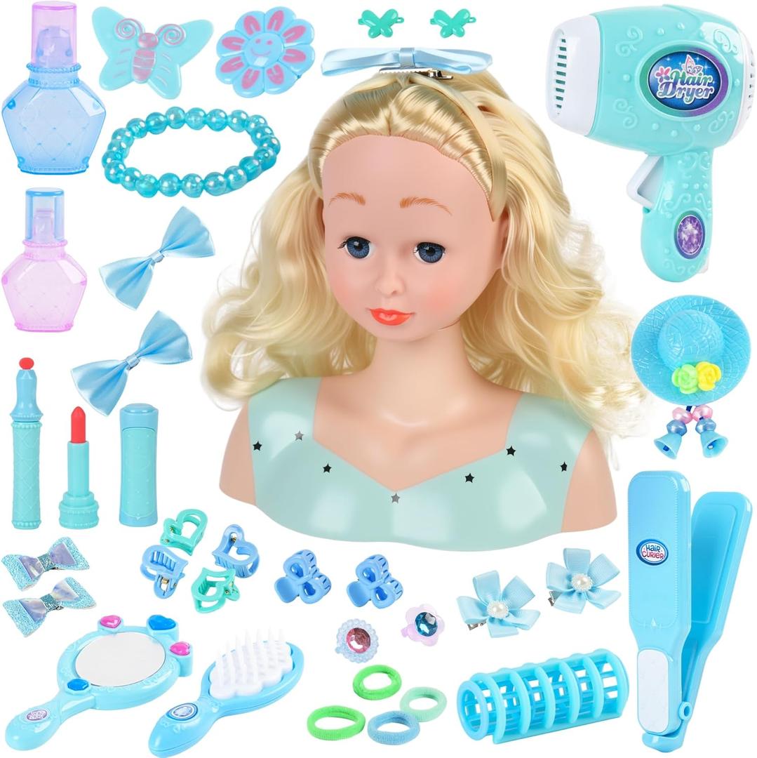 Doll Head for Hair Styling Kids Toy KitPrincess Styling Head Beauty Hair Stylist with Hairdryer Hair Straightener Hair Accessories Set Birthday Gift for Girl 3 4 5 6 7 8+ Year Old Toy