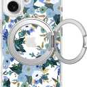 For iPhone 16 Case with MagSafe Stand Ring for Women, Cute Clear Floral Design with 360 Kickstand Holder Magnetic Shock Proof Heavy-Duty Protection Blue Flower