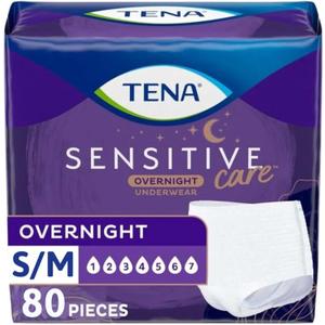 TENA Sensitive Care Overnight Incontinence Underwear for Women, Bladder Control and Postpartum, Small/Medium, 80 Count (Waist Size: 25in-35in)