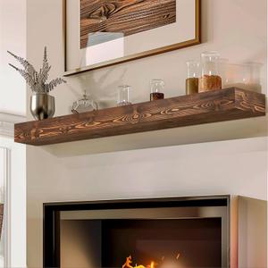 56x8x3 Fireplace Mantel - Handcrafted Hollow Rustic Solid Wood Wall Mounted Floating Shelf with Invisible Heavy Duty Wood Bracket (Weathered Brown) (56x3x8-hollow)