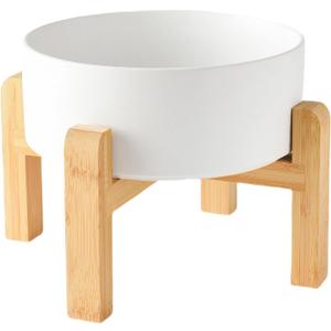 8'' Ceramic Raised Dog Bowl - 70Oz Dog Food & Water Bowl with Elevated Non-Slip Bamboo Stand, Dishwasher & Microwave Safe, Anti Vomiting Heavy Duty Pet Bowl for Medium and Large Dogs, White