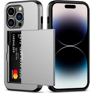 Nvollnoe for iPhone 14 Pro Case with Card Holder Heavy Duty Protective Dual Layer Shockproof Hidden Card Slot Slim Wallet Case for iPhone 14 Pro for Women&Men(Silver)