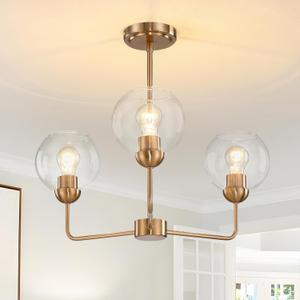 Gold Pendant Light 23 Inch, 3-Light Hanging Fixture with Clear Glass, Adjustable Kitchen Island Pendant Light, Brass Finish for Dining Room, Bedroom, Bathroom
