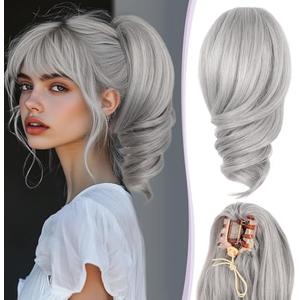 ZQIAN BEAUTY Claw Clip Ponytail Extension - 12 Inch Curly Ponytail Extension, Wavy Pony Tails Hair Extensions, Synthetic Hair Extensions Ponytail, Clip On Ponytails for Women （Color: Silver Grey）