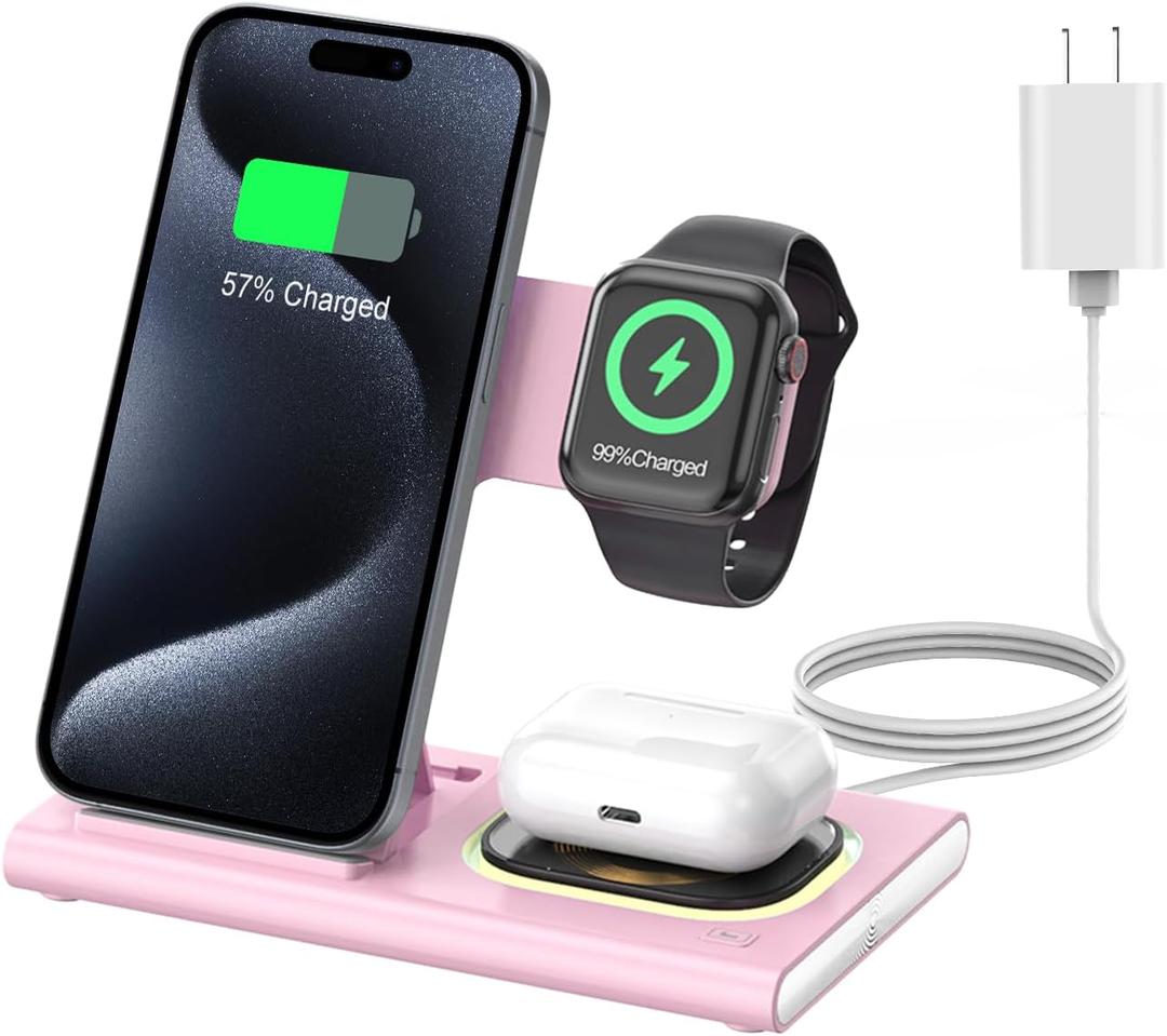 3 in 1 Charging Station for iPhone 17 - Wireless Charger for Apple Devices for iPhone 17 16 15 14 13 12 11 Pro Max - Foldable Wireless Charging Station Dock Stand for Apple Watch Series & AirPods (Pink)