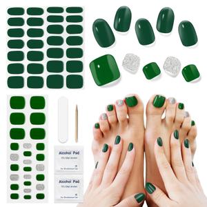 Semi Cured Gel Nail Strips & Toenail Stickers 2 Set (Green),Gel Nail Stickers, Long Lasting, Gifts for Women, Works with UV Lamp, Includes Prep Pads,Wooden Stick (Hwj-mj-z05)