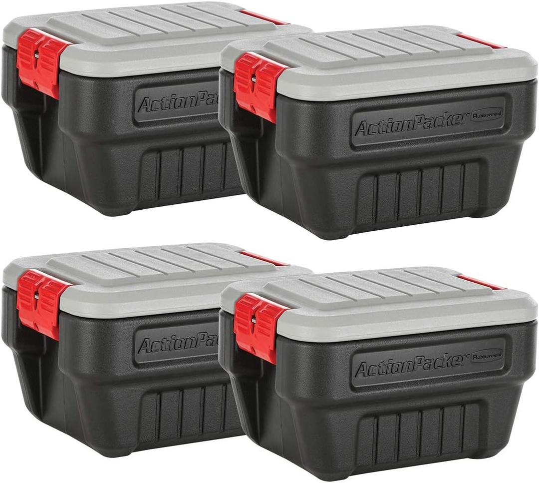 Rubbermaid ActionPacker 8 Gal Lockable Storage Box Pack of 4, Outdoor, Industrial, Rugged, Grey and Black
