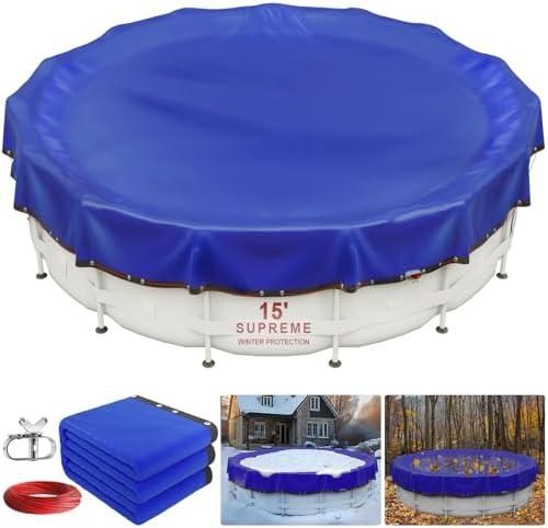 New Upgrade Winter Pool Cover 15 ft Round for Above Ground Pools, Extra Thick Durable Above Ground Swimming Pool Protection Cover, Encryption Grommets,Cold and UV Resistant with Premium Winch,Cable
