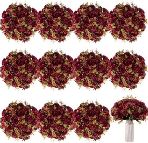 Tigeen Artificial Flowers Artificial Peonies Silk Flowers Faux Peony Fake Peony Silk Hydrangea Bouquet for Wedding Table Centerpiece Floral Vase Decor (Claret, 12 Bundles)