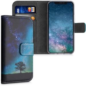 kwmobile Wallet Case Compatible with Apple iPhone 15 Pro Case for Phone - Cosmic Nature Blue/Grey/Black