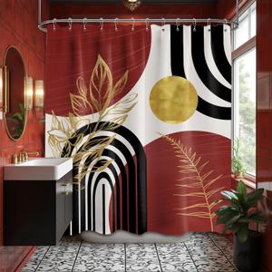 Black and Red Shower Curtain Boho Mid Century Burgundy Dark Red and Gold and White Shower Curtains for Bathroom Decor, Waterproof Cloth Fabric with Hooks, 70" W x 72" L