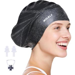 WHALE Extra Large Swim Cap Designed for Men and Women with Thick, Long Hair, Hair Extensions Or Afro-Textured Hair Long-Hair Swim Cap Highly Waterproof to Keep Hair Dry (Black)
