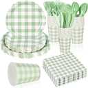 175Pcs Gingham Party Supplies for 25 Guests Scalloped Plates and Napkins set Green and White Paper Plates Disposable Plaid Cocktail Napkin Checkered Dinner Party Set Cutlery for Baby Shower Wedding