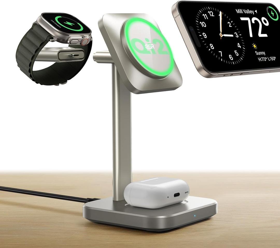 ESR for 3 in 1 Wireless Charging Station, Certified Apple Watch Charger, 15W MagSafe Charger Stand, Wireless Charger for Multiple Devices iPhone 17/16/15/14/13, Watch, AirPods, Natural Titanium