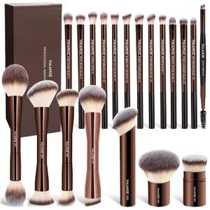 MAANGE 20 Pcs Makeup Brushes with Gift Box, Double-End Multi-functional Makeup Brushes for Blending Liquid Powder Concealer Cream Blush Buffe, CoffeeBrown