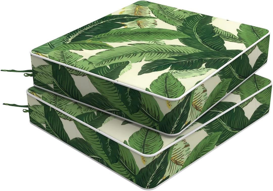 Set of 2 Outdoor Chair Cushions 20 x 18 x 4, Water Repellent Patio Seat Cushion with Removable Cover, All Weather Thick Chair Cushion for Wicker Sofa Patio Furniture, Palms Green